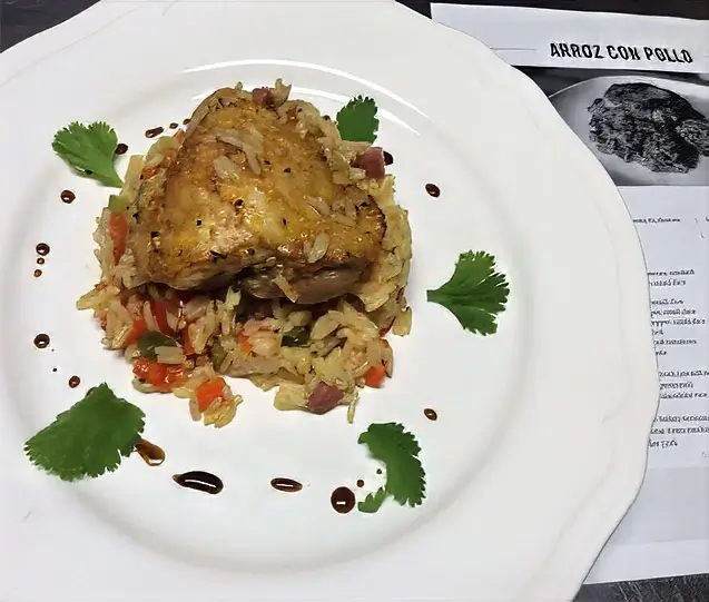 arroz con pollo on a white restaurant plate with garnish