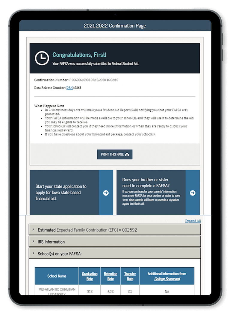 fafsa confirmation page