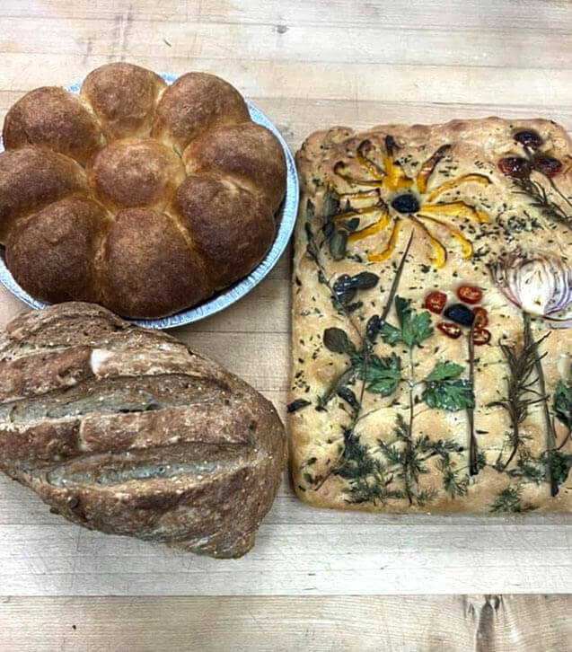 Dinner Rolls, Bread Loaf and Focaccia Bread Art on wood board