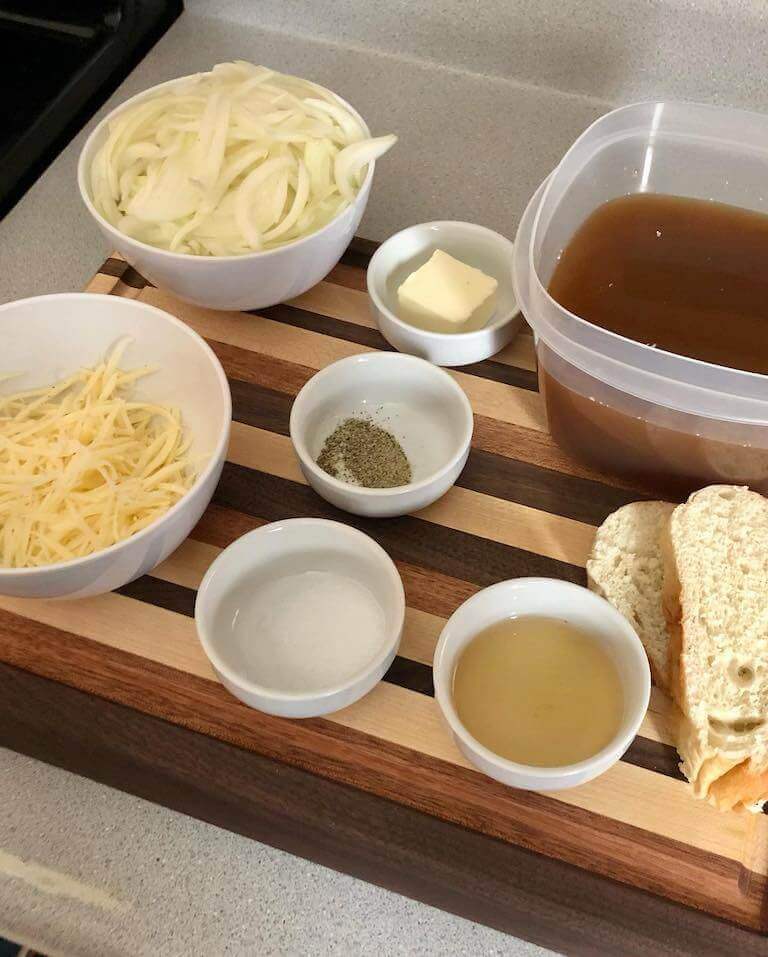 mise en place for French onion soup