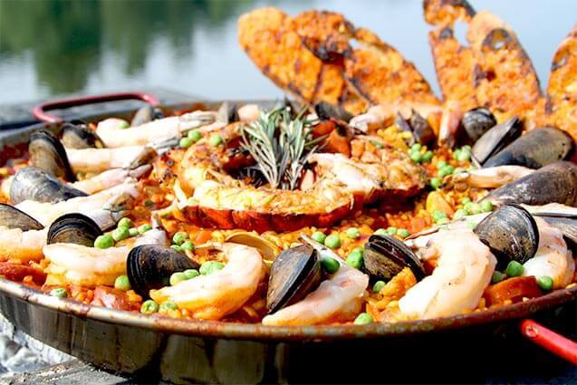 seafood paella in large cast-iron skillet