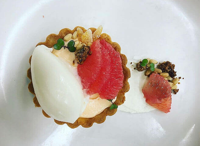grapefruit mousse tart with lemon rosemary sherbet