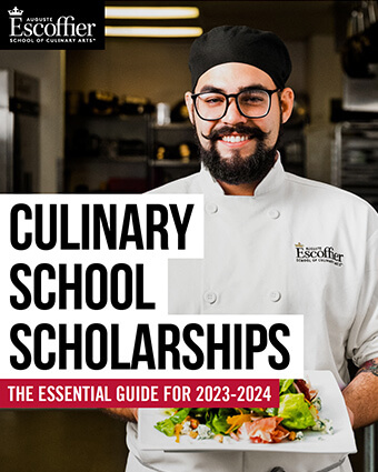Culinary School Scholarships The Complete Guide cover with a male Escoffier student holding a plated dish