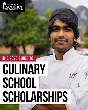 Culinary School Scholarships The Complete Guide cover with a male Escoffier student holding a plated dish