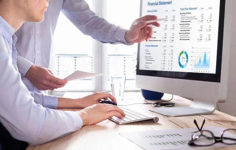 Accountants working on financial statement on computer screen in office