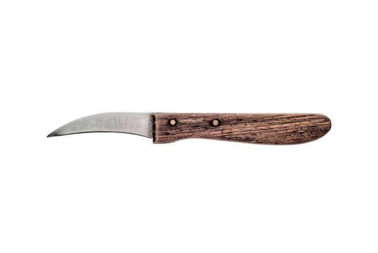 A side view of a tournée knife with a wooden handle against a white background.