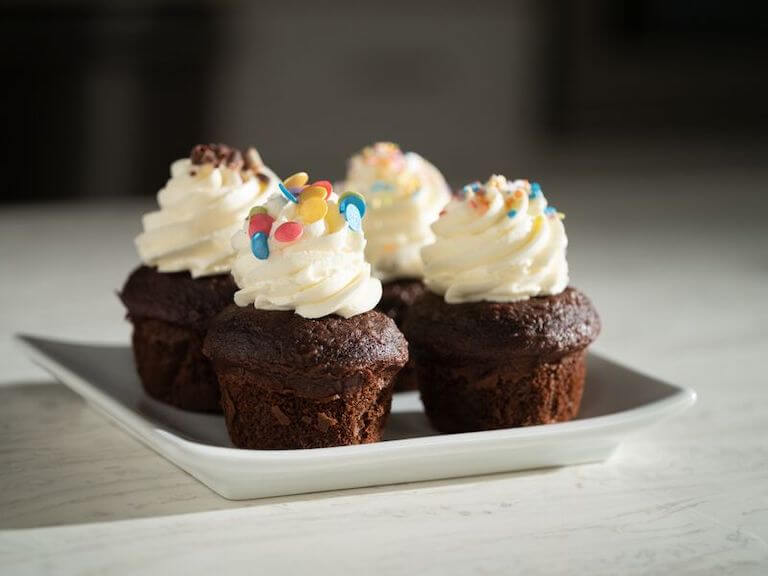 Chocolate cupcakes with vanilla frosting and colorful sprinkles