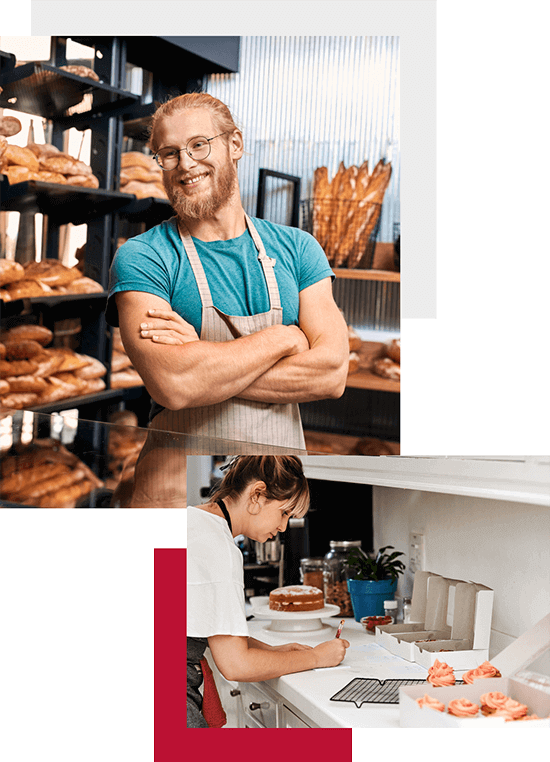 Graphic with two photos, one photo is a pastry chef standing in a bakery smiling and the other is a pastry chef writing notes on a piece of paper inside a bakery