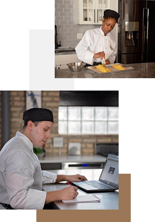 Culinary student applying egg wash to bread in her home kitchen and another student taking notes in front of his laptop