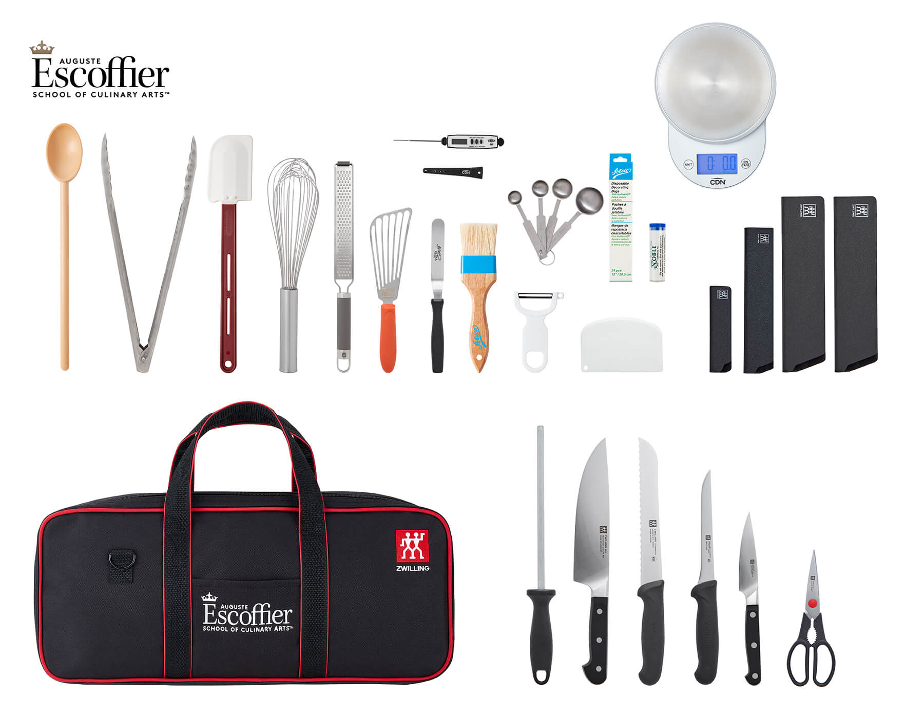 A complete culinary toolkit from Auguste Escoffier School of Culinary Arts, featuring professional-grade kitchen tools neatly arranged on a white background. The kit includes knives, shears, a honing steel, tongs, spatula, whisk, spoon, pastry brush, grater, thermometer, scale, and knife sheaths, along with a black and red Escoffier-branded knife case.