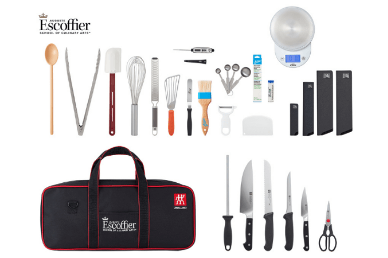 A complete culinary toolkit from Auguste Escoffier School of Culinary Arts, featuring professional-grade kitchen tools neatly arranged on a white background. The kit includes knives, shears, a honing steel, tongs, spatula, whisk, spoon, pastry brush, grater, thermometer, scale, and knife sheaths, along with a black and red Escoffier-branded knife case.