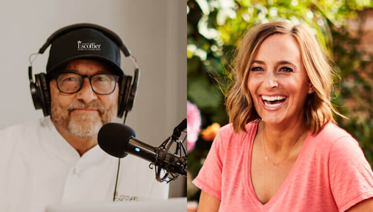 Side-by-side headshots of The Ultimate Dish Podcast Host, Chef Kirk T. Bachmann and Gaby Dalkin. Bachmann wears a set of headphones as he’s poised behind a recording mic while Dalkin is outdoors and laughing.