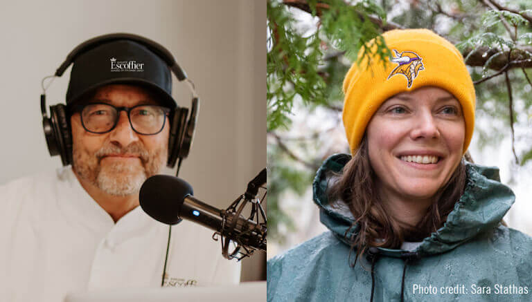 Side-by-side headshots of The Ultimate Dish Podcast Host, Chef Kirk T. Bachmann and Iliana Regan. Bachmann wears a set of headphones as he’s poised behind a recording mic while Regan is sporting a yellow Vikings beaning and a windbreaker underneath a tree.