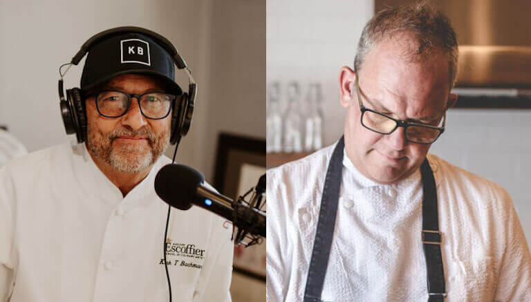 Side-by-side headshots of The Ultimate Dish Podcast Host, Chef Kirk T. Bachmann and James Porter. Bachmann wears a set of headphones as he’s poised behind a recording mic while Porter is looking down while wearing an apron.