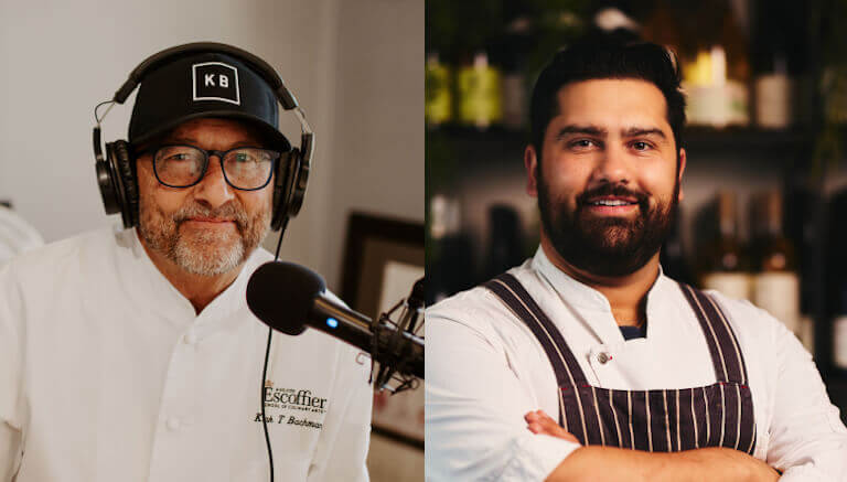Side-by-side headshots of The Ultimate Dish Podcast Host, Chef Kirk T. Bachmann and Nikhil Abuvala. Bachmann wears a set of headphones as he’s poised behind a recording mic while Abuvala is standing in-front of shelves filled with wine bottles, wearing a striped apron, and crossing his arms while smiling.