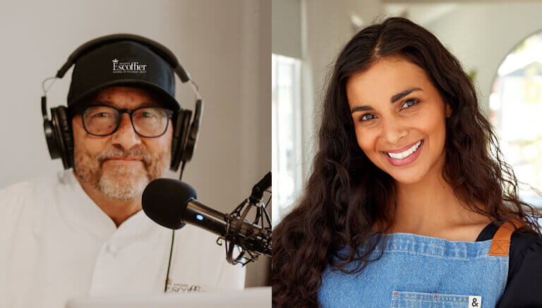Side-by-side headshots of The Ultimate Dish Podcast Host, Chef Kirk T. Bachmann and Nisha Vora. Bachmann wears a set of headphones as he’s poised behind a recording mic while Vora is smiling and wearing a denim apron.