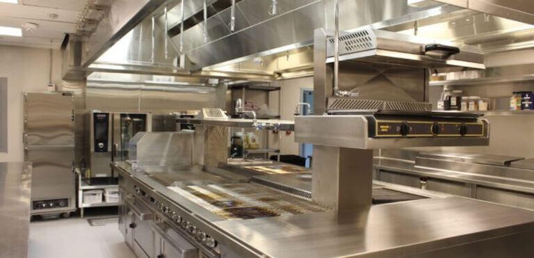 Wide view of a commercial kitchen