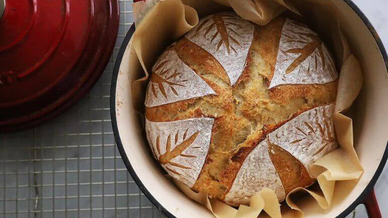 Close up of fresh homemade bread with a leaf design