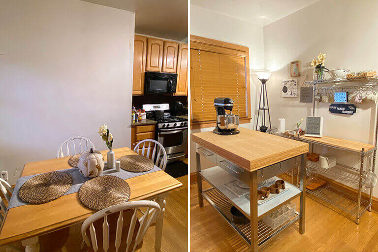 Comparison of Suhalia’s dining area before culinary school and baking station during culinary school