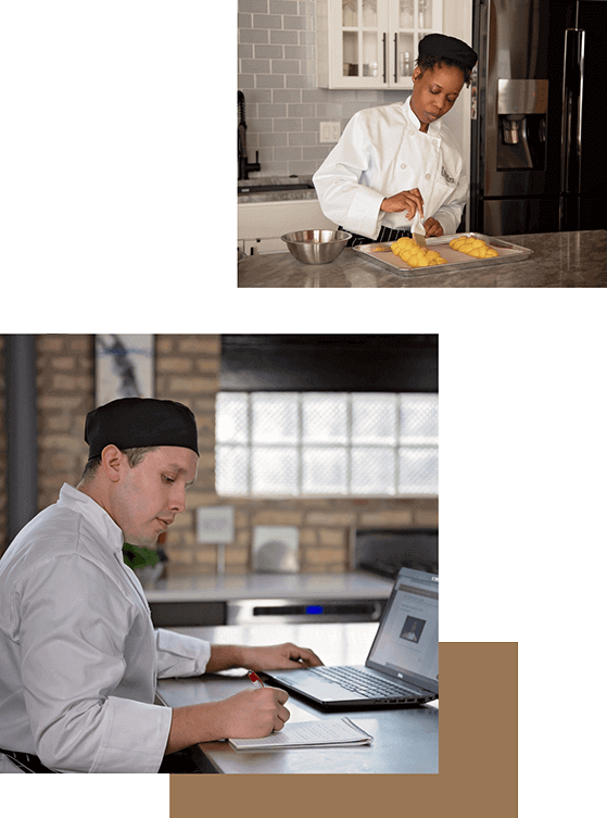 Graphic of two culinary students, one making bread in a kitchen and the other taking notes while watching a lecture online