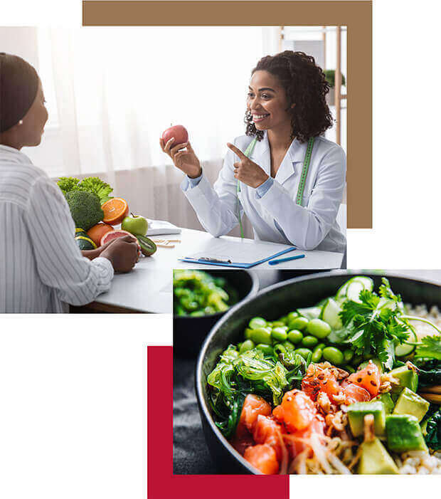 Graphic of two photos, one of a nutritionist speaking with a patient and the other is mixed vegetables on a plate