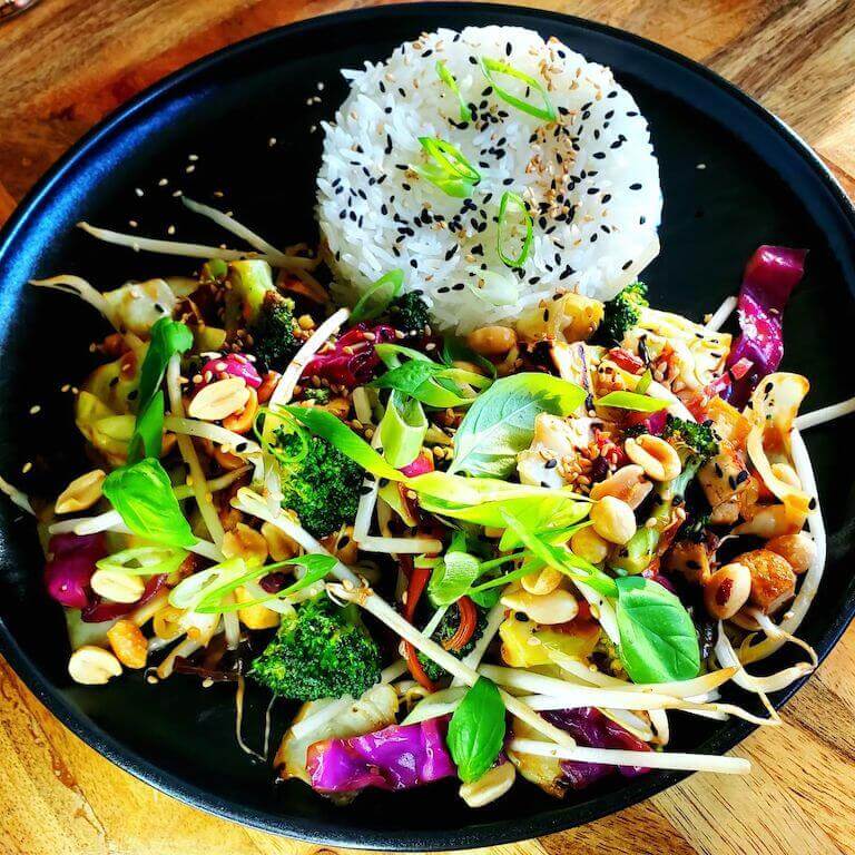 Vegetable stir fry with a side of rice