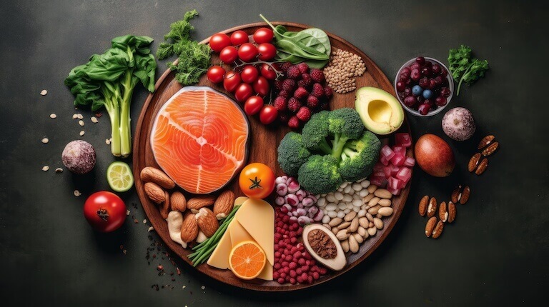 A wooden serving dish filled with a variety of vegetables, nuts, fruits, and a fish filet.