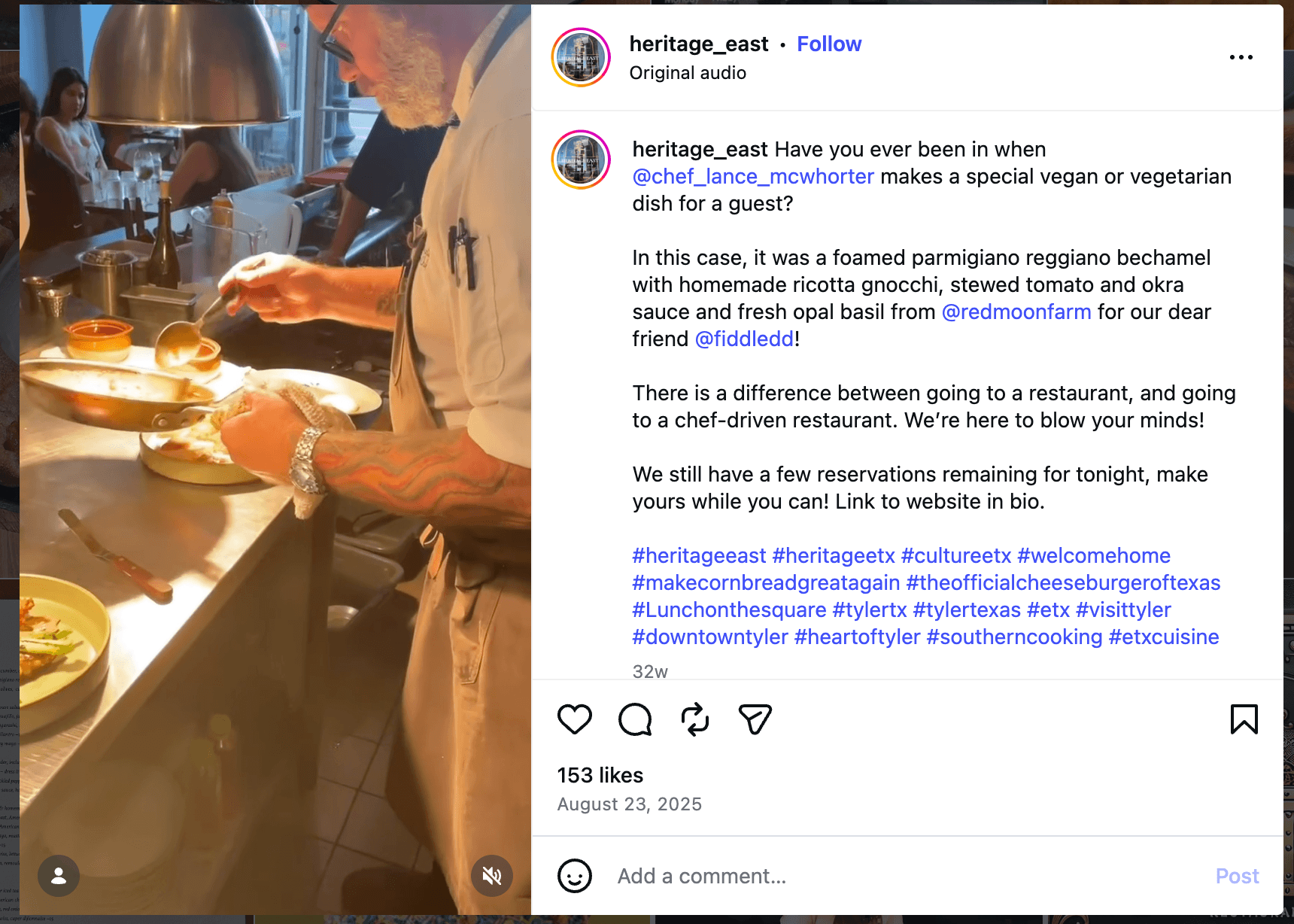 Screenshot of an Instagram post depicting a chef preparing a fresh vegan dish in a professional kitchen.
