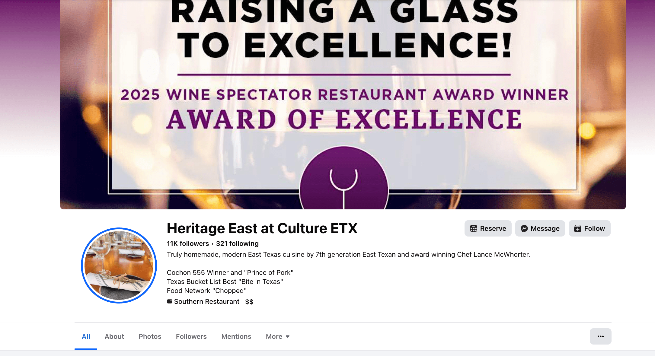 Screenshot of a restaurant’s Facebook page, depicting the exterior of the restaurant—a modern building with large plate glass windows in an urban setting—along with information about the business.