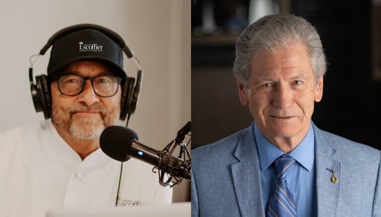 Side-by-side headshots of The Ultimate Dish Podcast Host, Chef Kirk T. Bachmann, and Michel Escoffier. 