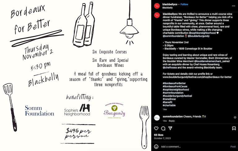 A screenshot of an Instagram post advertising tickets to a fundraiser dinner benefiting a variety of community nonprofits.