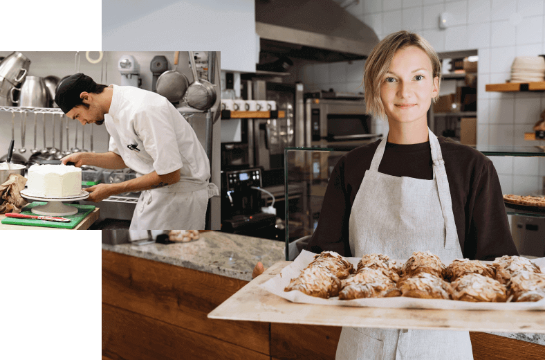 A photo collage of a male chef frosting a cake in a commercial kitchen and a female pastry chef holding a tray of almond croissants in a bakery