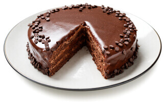 A layered chocolate cake with chocolate ganache and chocolate chips on a white plate