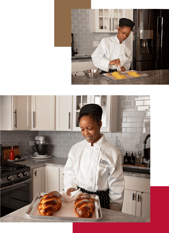 Online culinary student basting and admiring two freshly baked Challah loafs in her home kitchen