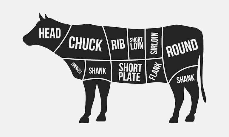 A diagram of a cow, showing cuts of meat. Tenderloin is near the hip, Prime Rib is just near the shoulder, and corned beef is made with brisket, which is just above the foreleg.