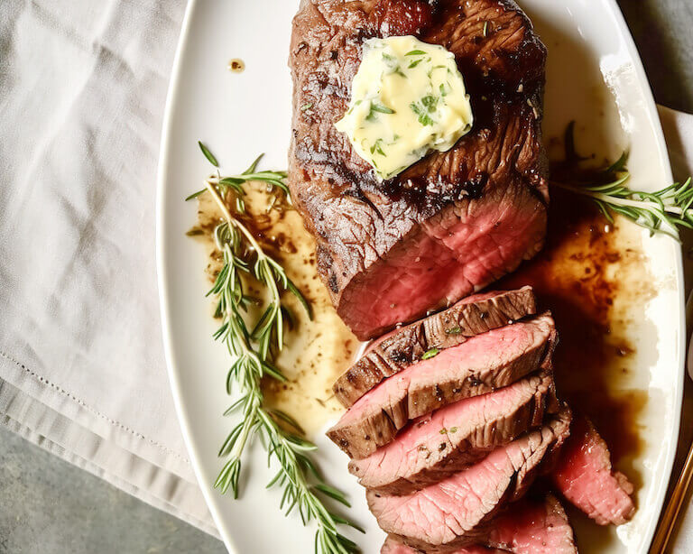 A row of sliced tenderloin cooked rare on a white dish with rosemary sprigs.