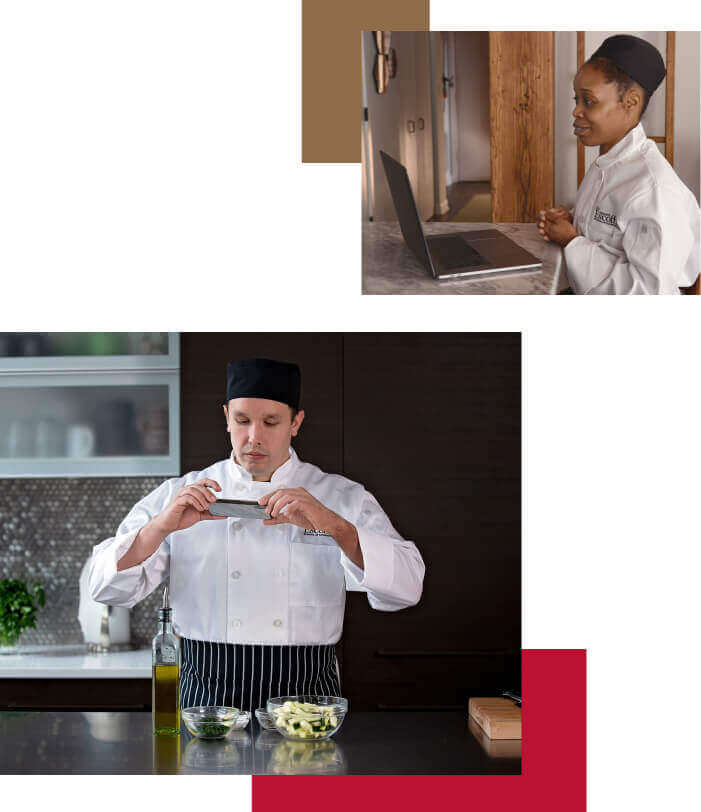A collage of photos of an online culinary arts student smiling in front of her computer at home and a student taking a photo with his mobile phone of bowls of cut-up vegetables in his home kitchen