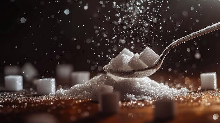 Sugar cubes on a spoon held over a pile of sugar on a table with sugar being sprinkled down.