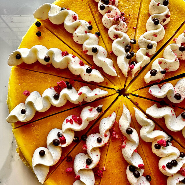 an overhead view of passionfruit cheescake