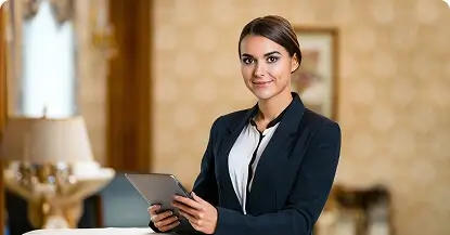 Professional hotel receptionist holding a tablet in a luxury setting