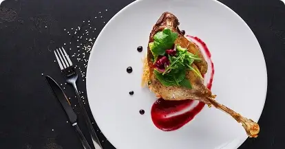 Elegant plated duck dish with a berry sauce and fresh herbs on a white plate