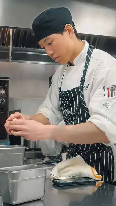 Escoffier culinary student Joseph Low cracks an egg during a hands-on cooking lesson at Escoffier