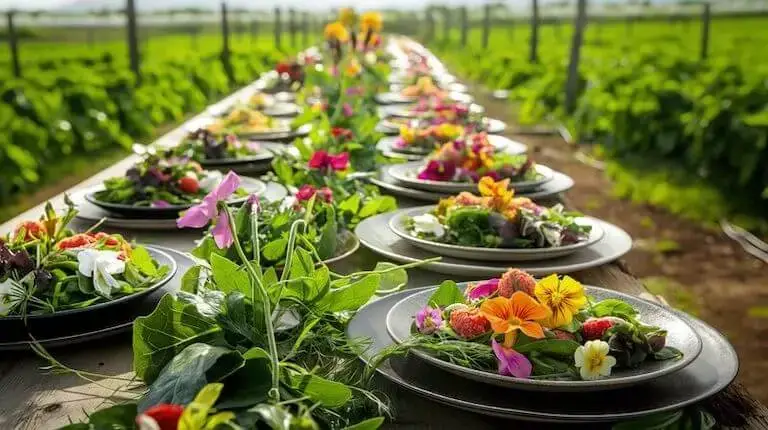 Plates of colorful farm-to-table salads lined up on a long outdoor table set in the middle of a vegetable field.