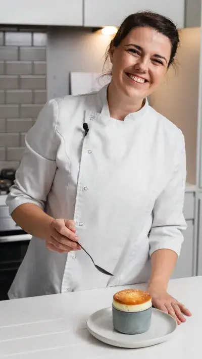 Escoffier culinary graduate Marion Lancial presenting a freshly baked soufflé in a kitchen