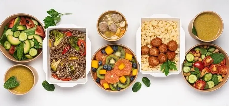 Overhead view of diverse healthy prepared meals including salads, grain bowls, and soups arranged on white background.