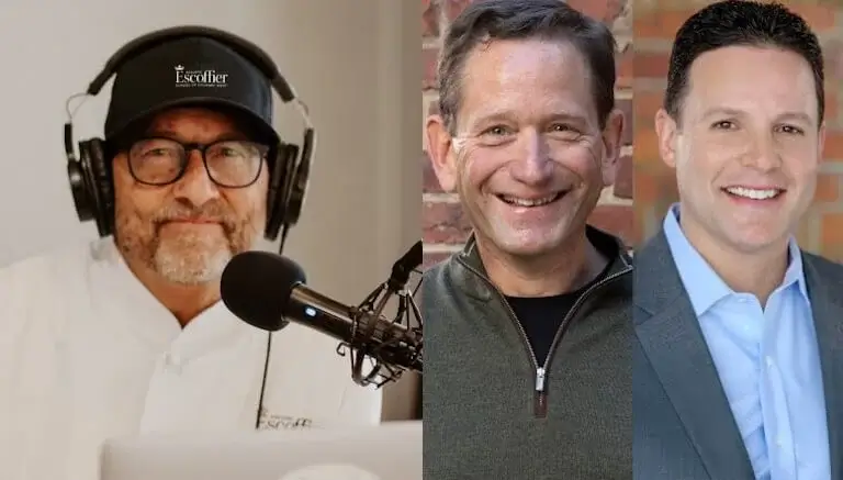 A split-screen image of The Ultimate Dish podcast host Kirk T. Bachmann on the left and Hospitality Hiring Experts Brian Blum and Evan Kaplan on the right.