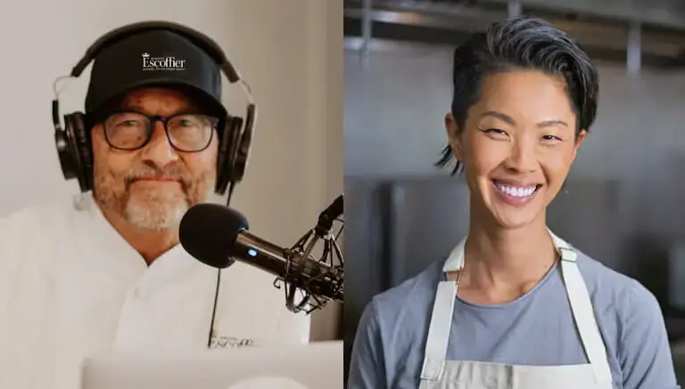 A split-screen image of The Ultimate Dish podcast host Kirk T. Bachmann on the left and celebrity chef Kristen Kish on the right.