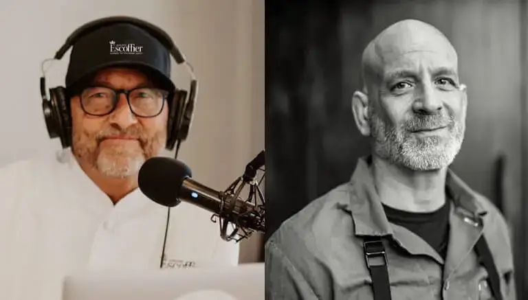 A split-screen image of The Ultimate Dish podcast host Kirk T. Bachmann on the left and award-winning chef, restaurateur, and cookbook author Marc Vetri on the right.