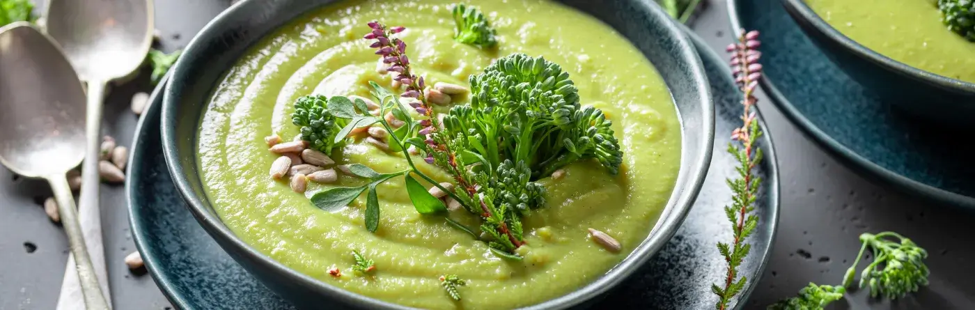 Creamy green broccoli soup in teal bowl garnished with fresh herbs and sunflower seeds on dark slate surface