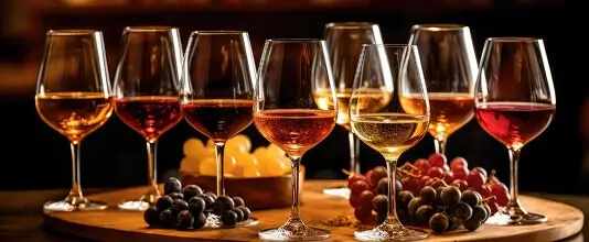 Selection of wine glasses filled with red, white, and rosé wines displayed with grapes on a wooden table